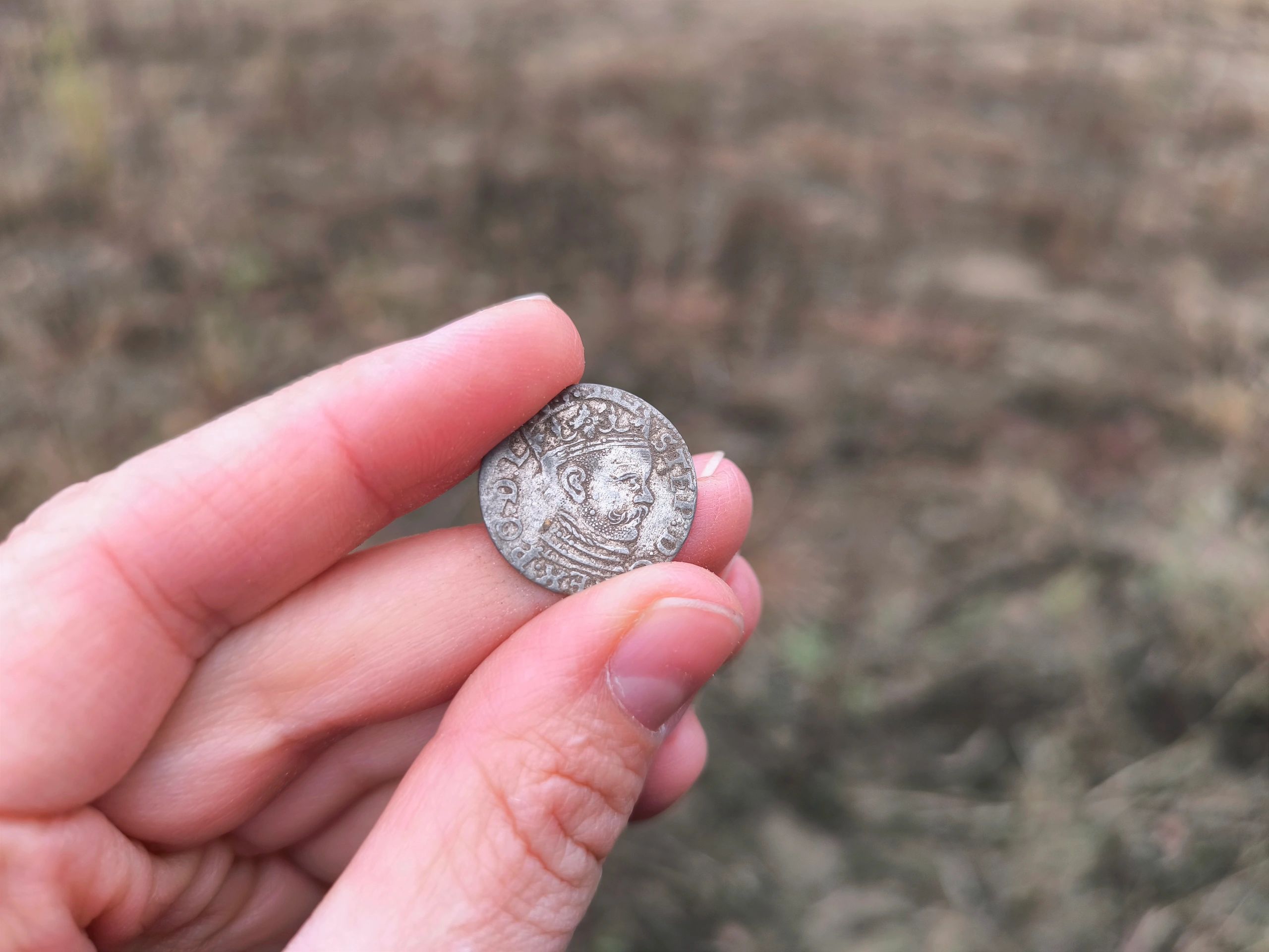 An old silver coin, a hand holding an ancient silver coin in a field.
